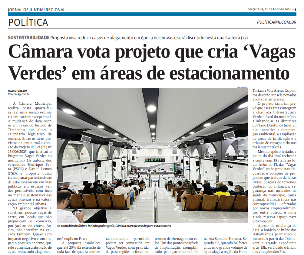 Câmara vota projeto que cria ‘Vagas Verdes’ em áreas de estacionamento