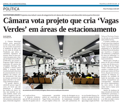 Câmara vota projeto que cria ‘Vagas Verdes’ em áreas de estacionamento