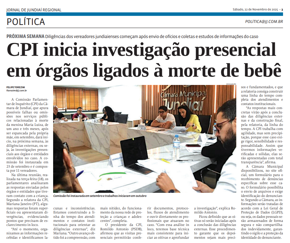 CPI inicia investigação presencial em órgãos ligados à morte de bebê