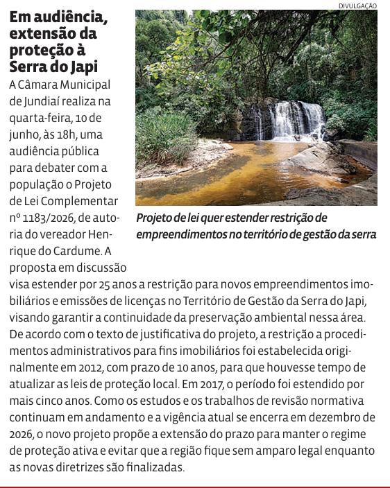 Em audiência, extensão da proteção à Serra do Japi 