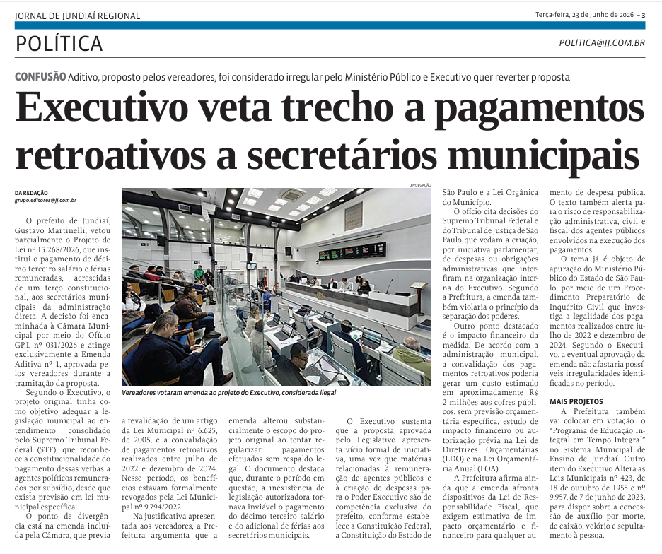 Executivo veta trecho a pagamentos retroativos a secretários municipais