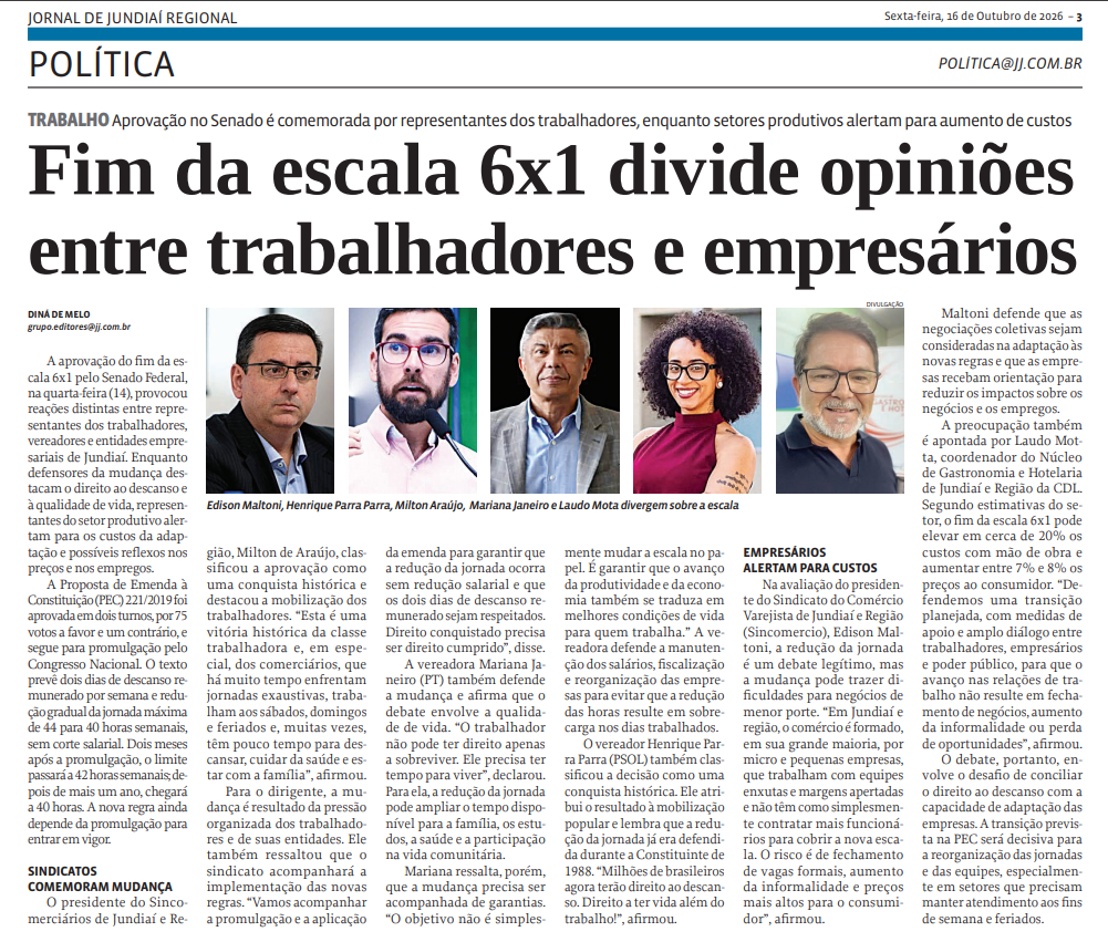 Fim da escala 6x1 divide opiniões entre trabalhadores e empresários