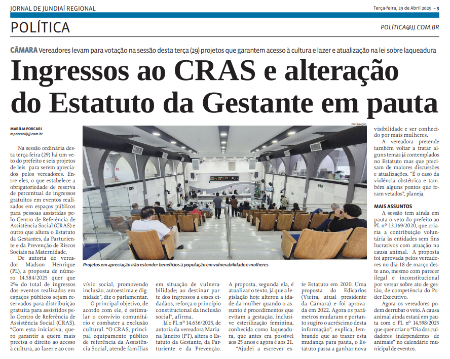 Ingressos ao CRAS e alteração do Estatuto da Gestante em pauta