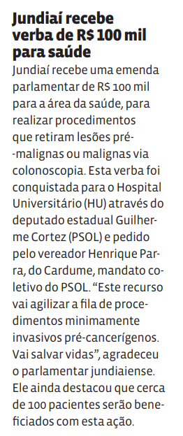 Jundiaí recebe verba de R$ 100 mil para saúde