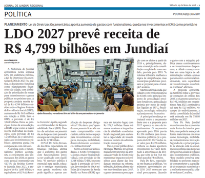 LDO 2027 prevê receita de R$ 4,799 bilhões em Jundiaí