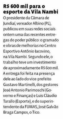 R$ 600 mil para o  esporte da Vila Nambi