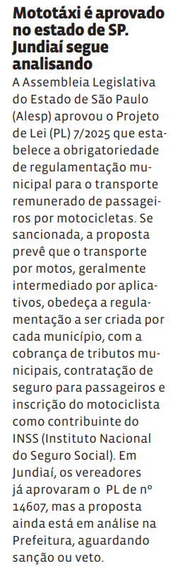 Mototáxi é aprovado no estado de SP. Jundiaí segue analisando 