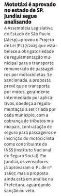 Mototáxi é aprovado no estado de SP. Jundiaí segue analisando 