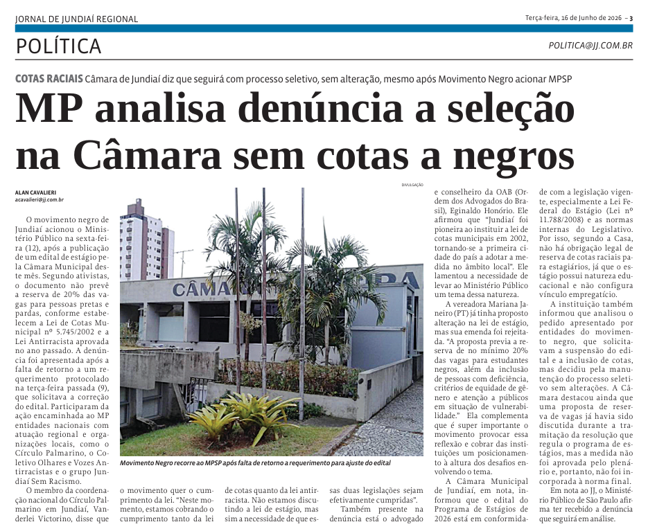 MP analisa denúncia a seleção na Câmara sem cotas a negros