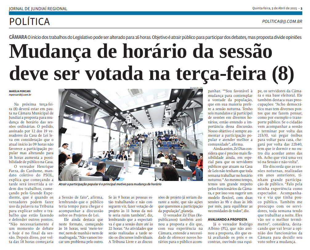 Mudança de horário da sessão deve ser votada na terça-feira (8)
