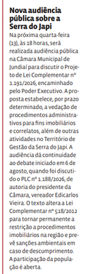 Nova audiência pública sobre a Serra do Japi