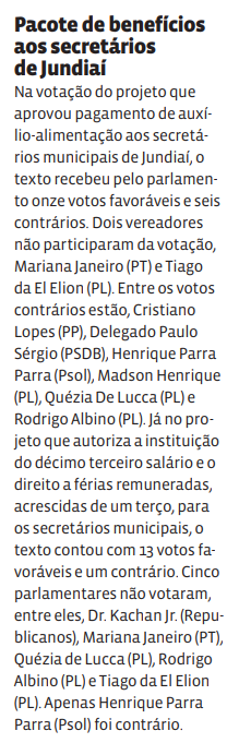 Pacote de benefícios aos secretários de Jundiaí