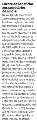 Pacote de benefícios aos secretários de Jundiaí