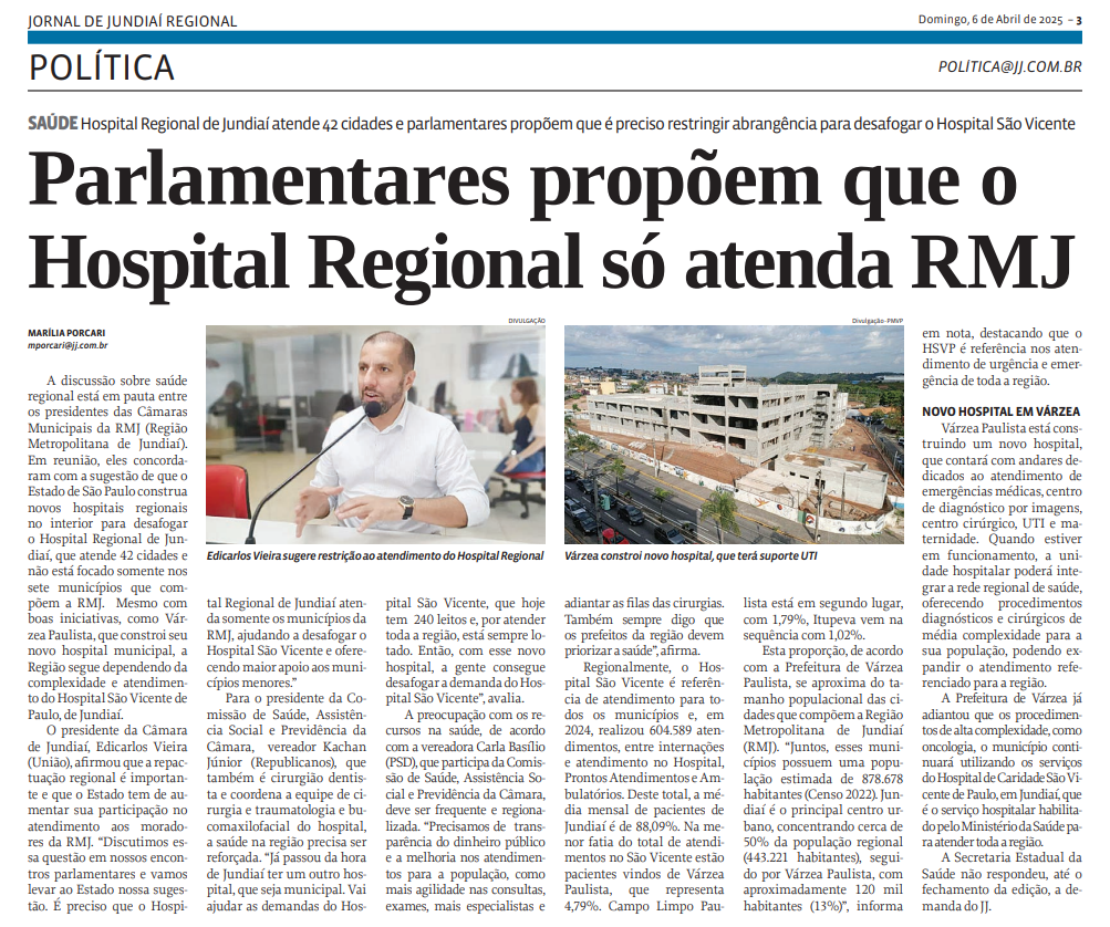 Parlamentares propõem que o Hospital Regional só atenda RMJ