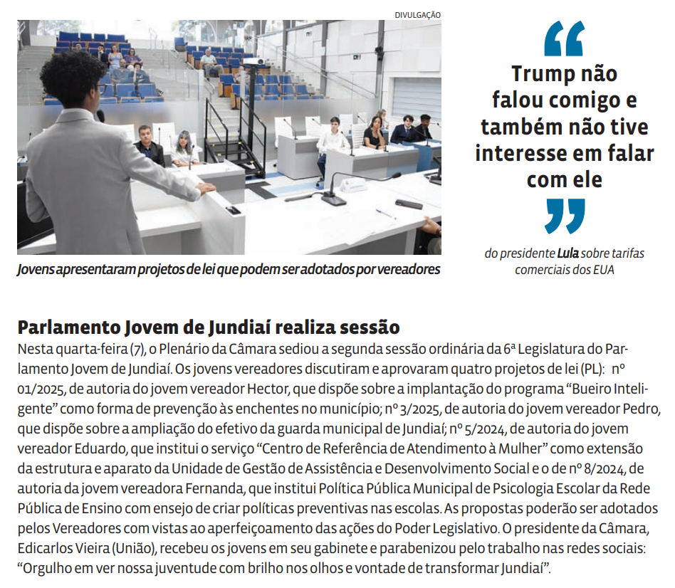 Parlamento Jovem de Jundiaí realiza sessão