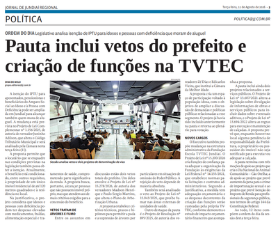 Pauta inclui vetos do prefeito e criação de funções na TVTEC