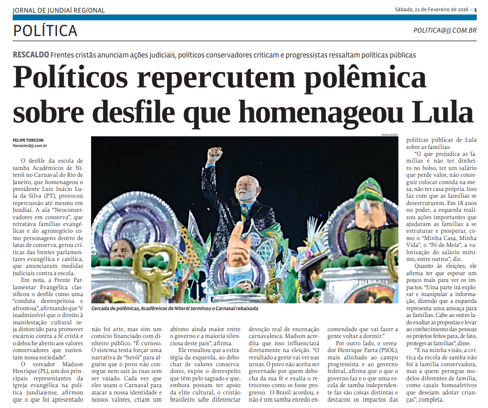 Políticos repercutem polêmica sobre desfile que homenageou Lula