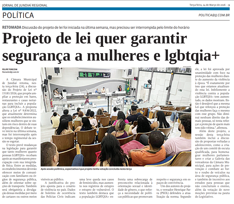 Projeto de lei quer garantir segurança a mulheres e lgbtqia+
