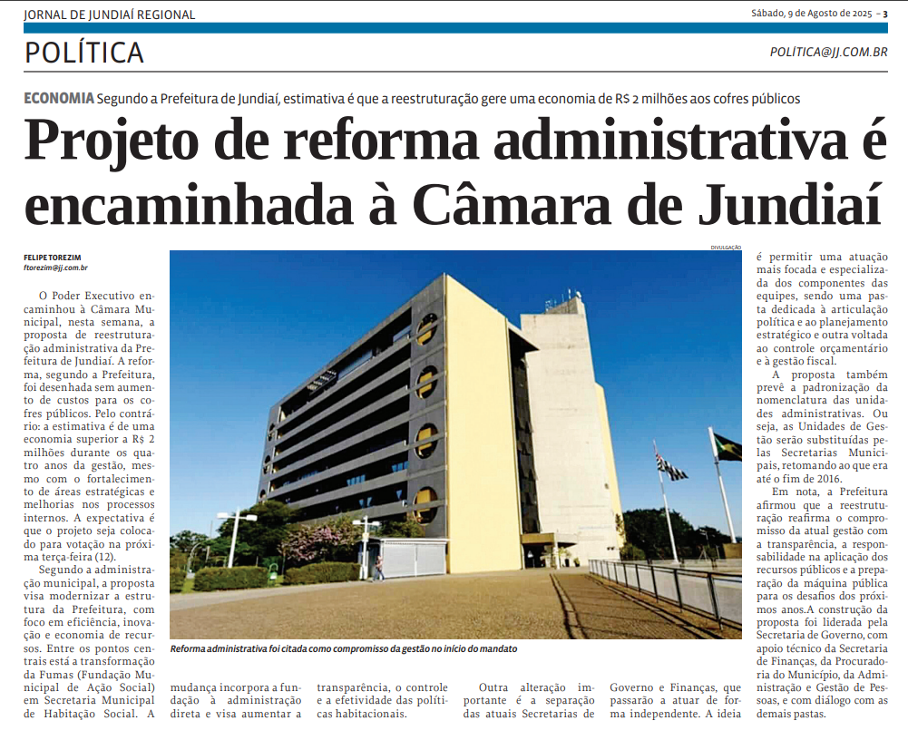 Projeto de reforma administrativa é encaminhada à Câmara de Jundiaí