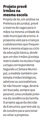 Projeto prevê irmãos na mesma escola