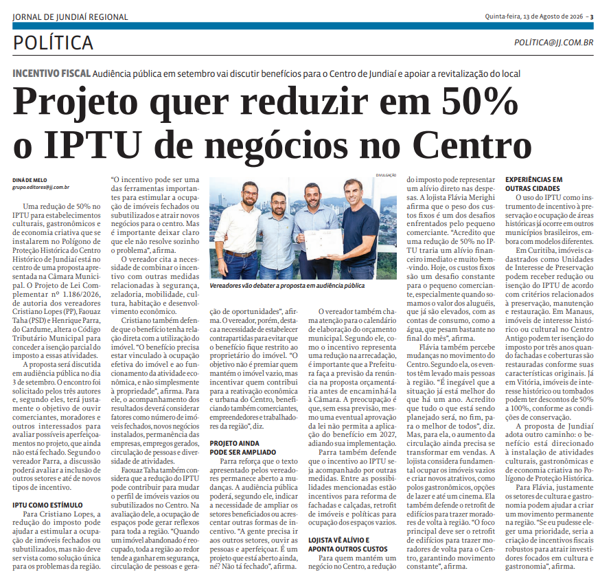 Projeto quer reduzir em 50% o IPTU de negócios no Centro