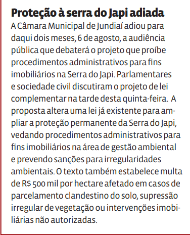 Proteção à serra do Japi adiada