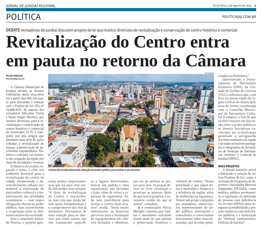 Revitalização do Centro entra em pauta no retorno da Câmara