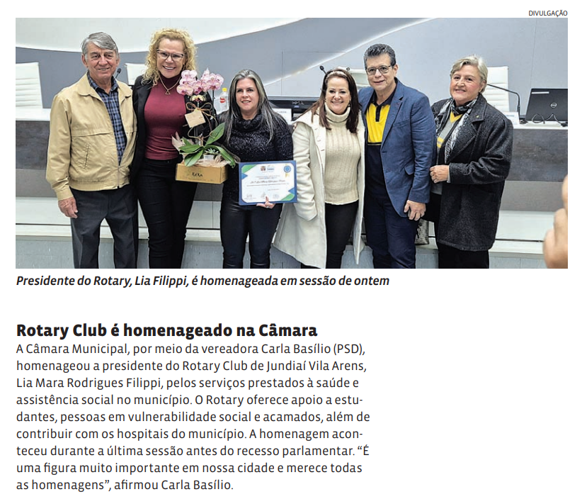 Rotary Club é homenageado na Câmara 
