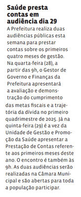 Saúde presta contas em audiência dia 29