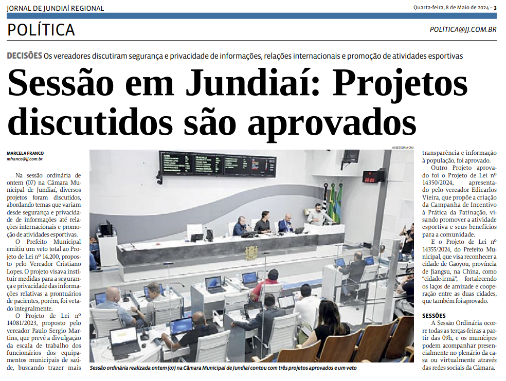 Sessão em Jundiaí: Projetos discutidos são aprovados