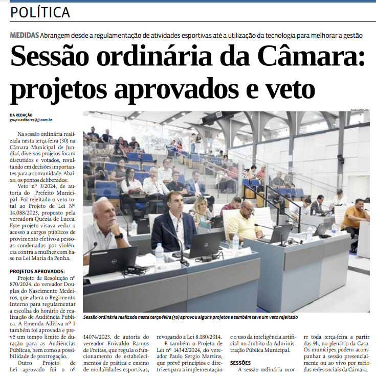 Sessão ordinária da Câmara: projetos aprovados e veto