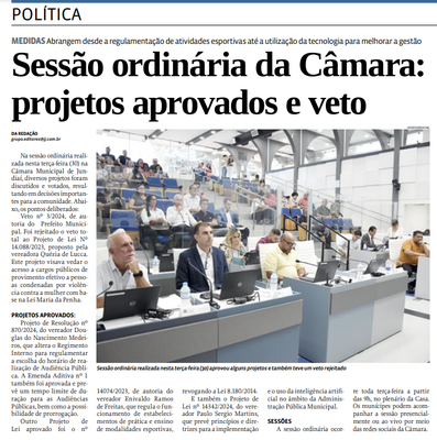 Sessão ordinária da Câmara: projetos aprovados e veto