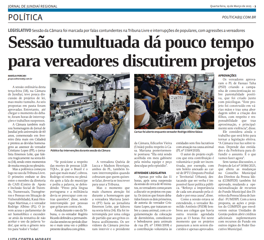 Sessão tumultuada dá pouco tempo para vereadores discutirem projetos