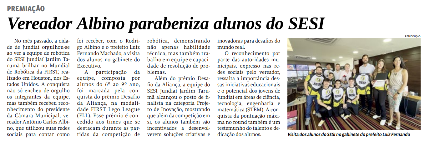Vereador Albino parabeniza alunos do SESI