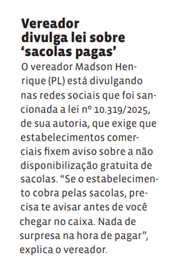 Vereador divulga lei sobre ‘sacolas pagas’
