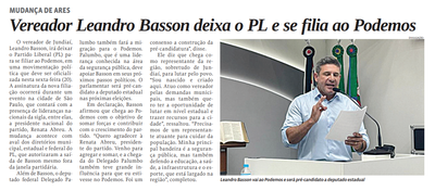 Vereador Leandro Basson deixa o PL e se filia ao Podemos