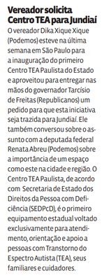 Vereador solicita Centro TEA para Jundiaí