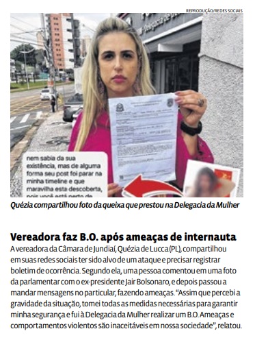 Vereadora faz B.O. após ameaças de internauta