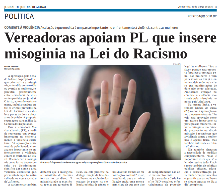 Vereadoras apoiam PL que insere misoginia na Lei do Racismo