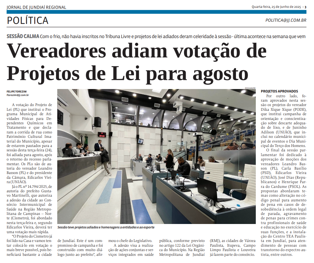Vereadores adiam votação de Projetos de Lei para agosto