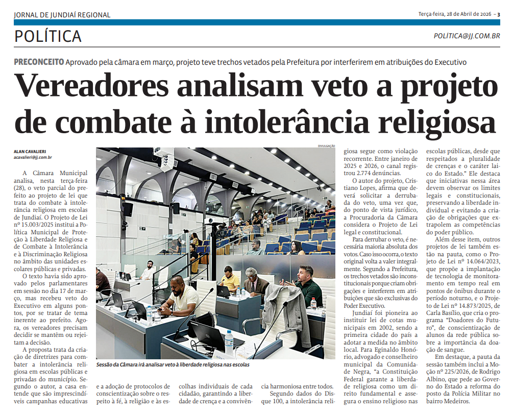 Vereadores analisam veto a projeto de combate à intolerância religiosa