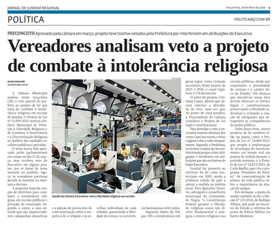 Vereadores analisam veto a projeto de combate à intolerância religiosa