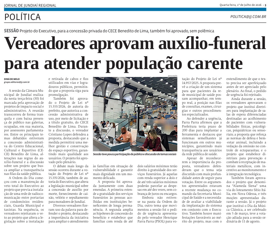 Vereadores aprovam auxílio-funeral para atender população carente