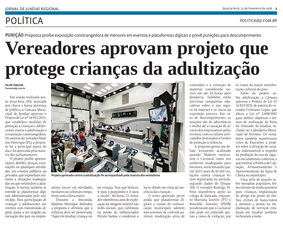 Vereadores aprovam projeto que protege crianças da adultização