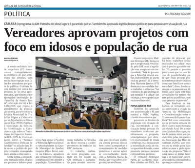 Vereadores aprovam projetos com foco em idosos e população de rua