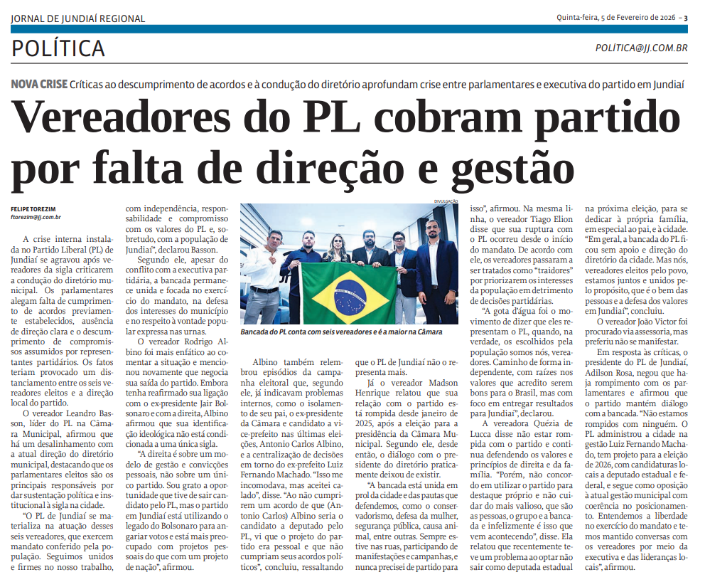 Vereadores do PL cobram partido por falta de direção e gestão
