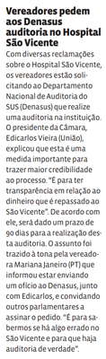 Vereadores pedem ao Denasus auditoria no Hospital São Vicente