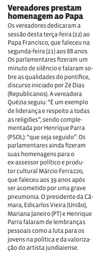 Vereadores prestam homenagem ao Papa