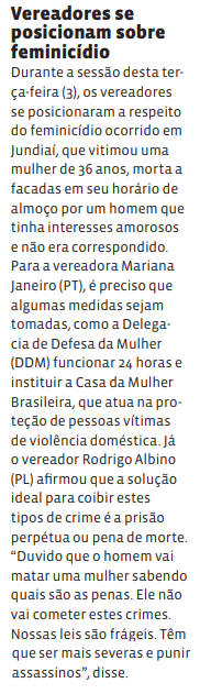 Vereadores se posicionam sobre feminicídio