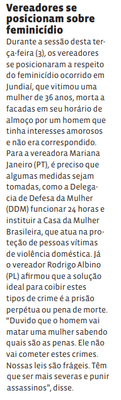 Vereadores se posicionam sobre feminicídio